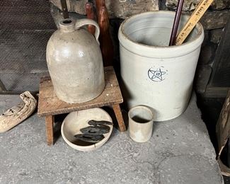 10 gallon pottery crock
Primitive stool
Old hardware