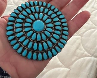 3” circumference Pettit point Navajo Turquoise Brooch in sterling
Signed LMB