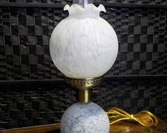 Vintage Mottled White Hurricane Lamp with Brass Base Accents