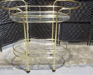 Vintage Oval Brass Toned and Glass Rolling Bar Cart