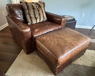20. Pair of Restoration Hardware Leather Chairs (43" x 41" x 33") w/ Ottoman (32" x 24" x 16")