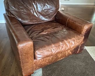 20. Pair of Restoration Hardware Leather Chairs (43" x 41" x 33") w/ Ottoman (32" x 24" x 16")