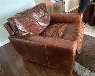 20. Pair of Restoration Hardware Leather Chairs (43" x 41" x 33") w/ Ottoman (32" x 24" x 16")