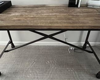 48. Rustic Wood Top Desk w Metal Base on Casters (55" x 16" x 72")