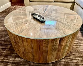71. Wood Cylindrical Coffee Table w/ Protective Glass Top (39" x 16")