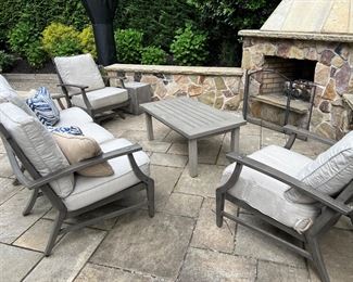 "80. Summer Classics 3 Cushion Sofa (75"" x 33"" x 38"")
Arm Chair (31” x 30” x 38”)
Metal Coffee Table (48” x 26” x 20”)
Glider Chair (30” x 32” x 38”) 
w/ Cushions and Covers