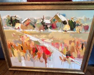 504. Signed Oil on Canvas by J. Kote Abstract Landscape with Buildings (55" x 43")