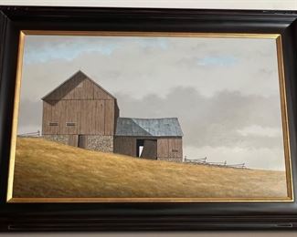 503. Signed Oil on Canvas by Michael Fratrich Barn with Grey Sky (48" x 33")
