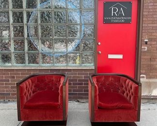 Pair Art Deco Red Mohair Swivel Club Chairs