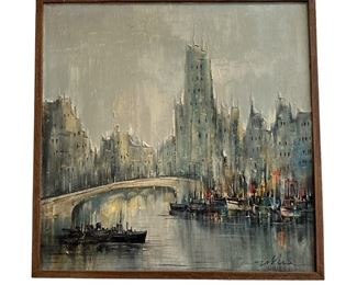 French Harbor Cityscape Oil Painting