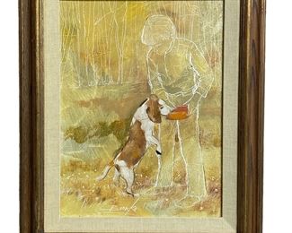 Mid Century Oil Painting boy and dog