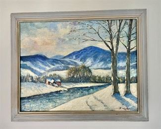 E. Koster Mountain and stream winter oil painting 