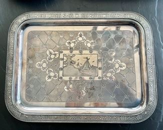 Vintage tray floral and sailing scene