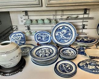Antique Canton Blue Willow  porcelain plates, dishes 
