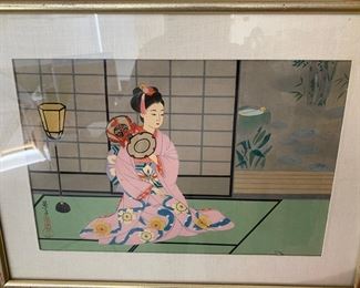Keiko Yurimoto (Japan 1906-?) woodblock print 'Geisha With a Drum'