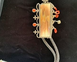 Extraordinary Lyndon B. Tsosie bolo; sterling, Mediterranean coral, black pearl