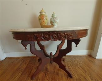 Antique Victorian carved wood parlor table with marble top