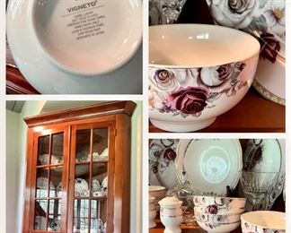 Cherry corner China cabinet, fine bone China set by  Vigneto, set of needlepoint seat chairs 