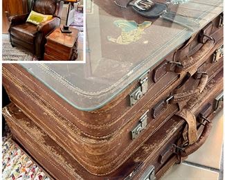 Leather arm chair,  3-tier glass top vintage suitcase side table, mission-style table lamp