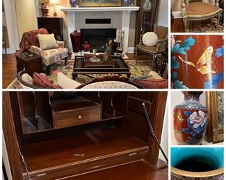 Antique secretary,  pair of large cloisonné vases, furniture, art, grandfather clock, decorative accessories and more