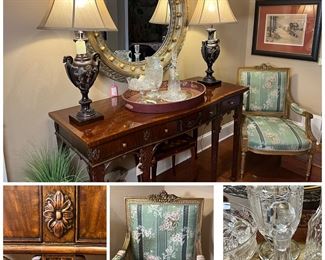 Maitland Smith mahogany 3-drawer sideboard, elegant side chair,  selection of crystal decanters, stoppers and more 