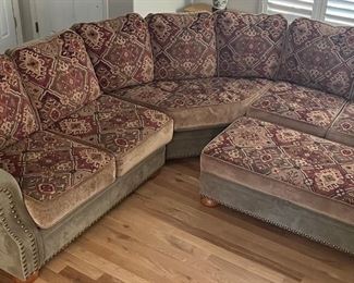 Custom Marshfield Furniture Chenille And Tapestry Sectional With Jumbo Storage Ottoman