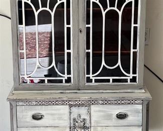 Antique French Provincial Glass Front Two Drawer Cabinet