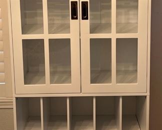 Obamma White Veneer Storage Cabinet With Glass Doors - Cubbies - 2 Drawers