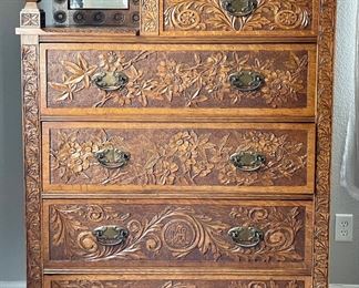 Antique Rosewood Hand Carved High Boy Dresser With Mirror