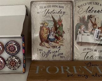 Scented Boho Candle Tin Gift Set - Two Alice In Wonderland Tin Signs - Forever Be My Always Wood Sign