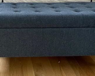 Blue Woven Material Tufted Storage Bench With Wood Peg Legs