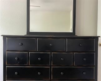 Large 11 Drawer Black Wood Dresser With Mirror