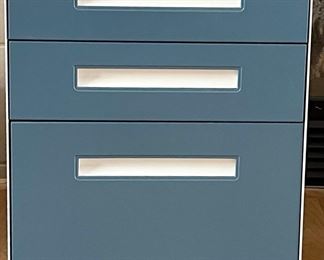 Small White And Blue 3 Drawer Metal Filing Cabinet On Wheels