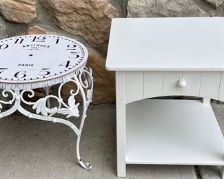 2 Small Plant Stands - White Metal Paris And White Veneer Wood With Single Drawer