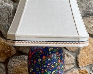 Vintage Asian Floral Porcelain Base Lamp On Wood Base