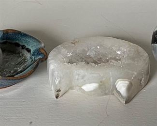 2 Quartz Spheres - White Crystal Quartz Slice - Pottery Bowl With Quartz Base