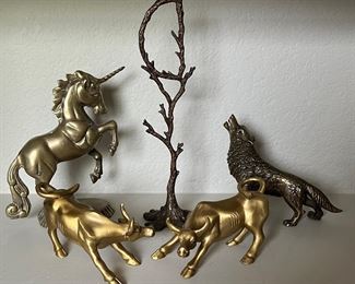 Brass Animal Lot - Pair Of Bulls - Unicorn - Howling Wolf And Branch