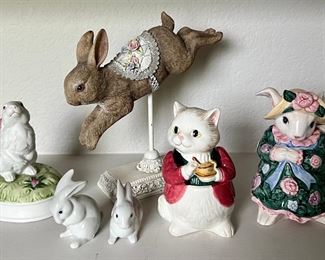 Gorham Rabbit Music Box - Fitz And Floyd Covered Cat Dish & Rabbit Planter - Resin Carousel Rabbit - 2 Small