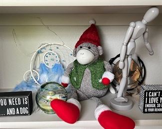 Eclectic Lot- Sock Monkey - 2 Dream Catchers - Wood Jointed Ikea Figurine - Wood Block Signs - Art Glass Ball