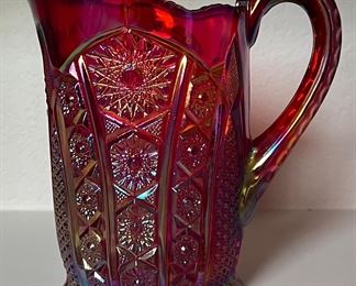 Vintage Ruby Red Carnival Glass Large 8" Pitcher Daisy & Button Pattern