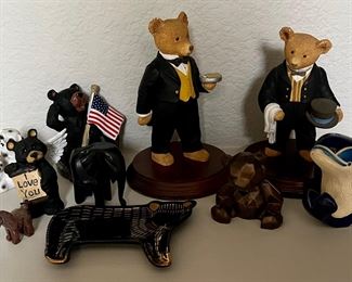 Resin - Pottery & Wood Animal Figurine Lot - Signed Whale - USA Bear - Dogs- Dept 56 Upstairs Downstairs Bears
