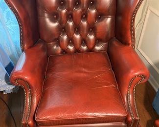 burgandy Chesterfield chair with ottoman