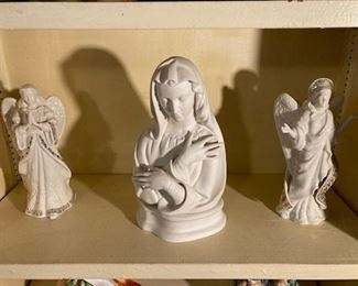 pair of Lenox angels and a Boehm Madonna with pedestal