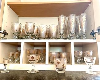 Libby gold leaf frosted glasses. Cordial, Low Ball, Shot, sherbet, water, wine, Pilsner.