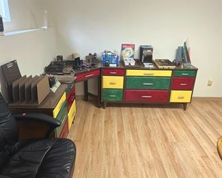 Office supplies and a colorful 3-piece corner desk