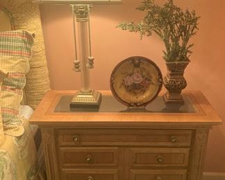 One of two matching nightstands; one of two matching lamps