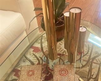 Brass candle holders; coasters