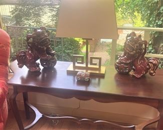 Sofa table; red foo dogs; Asian style lamp