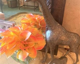 Artificial flowers; brass giraffes