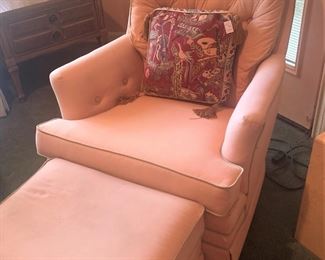 One of two matching custom upholstered chairs; one ottoman to match